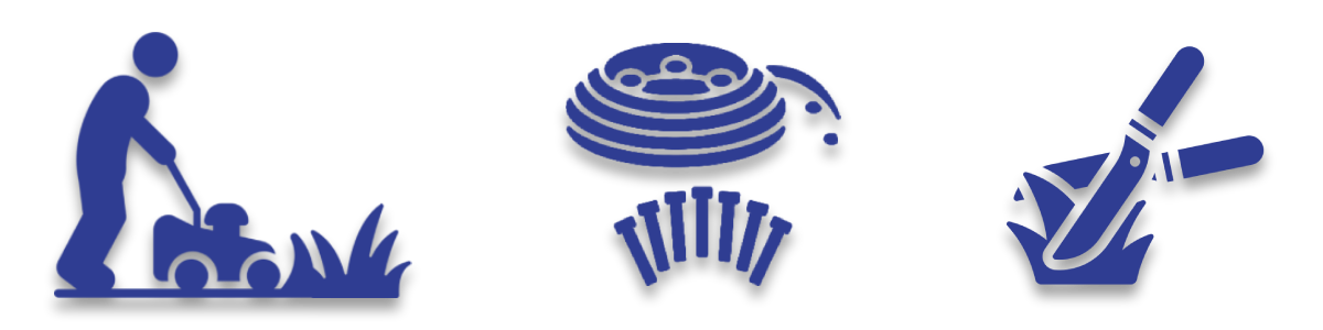 Blue icons of a gardener with a plant, a beehive, and hand tools.