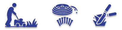 Blue icons of a person working in grass, a beehive, and crossed-out gardening tools.