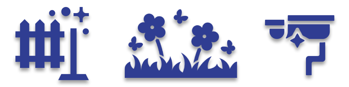 Blue icons: fence, flowers and grass, and a showerhead with water spray.