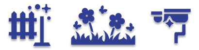 Blue garden and fence icons with a hanging sign on a white background