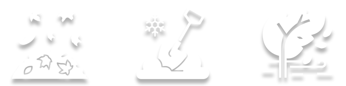Three pale gray weather icons: snowfall, a shovel with snowflake, and a snow-covered tree.
