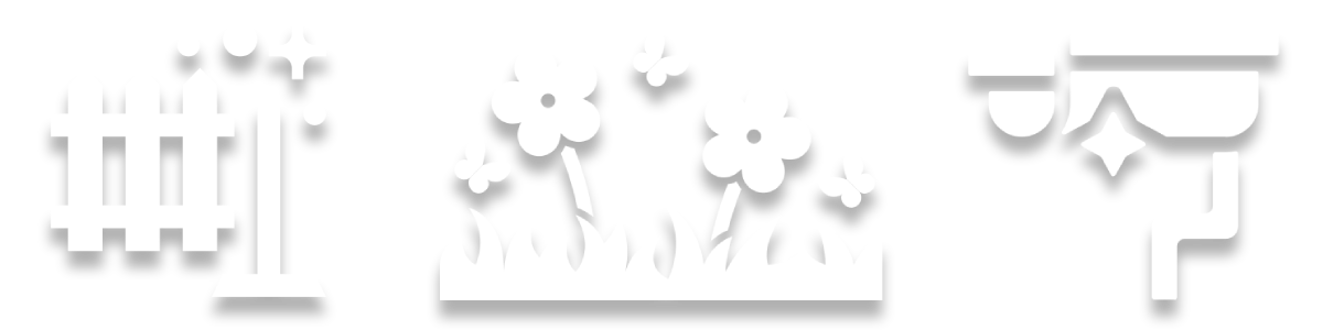 Three white decorative icons: fence, butterflies with stars, and a hanging lamp on a light background