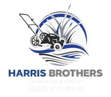 Harris Brothers logo with a lawn mower graphic in blue, black, and gray
