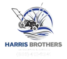 Harris Brothers logo with a lawn mower graphic in blue, black, and gray