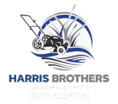 Harris Brothers logo with a lawn mower and blue swoosh design
