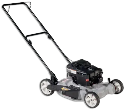 Red push lawn mower with black engine and long handle on a white background