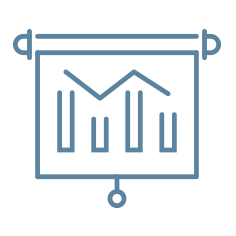 Blue line chart icon on a hanging presentation board, showing bars and a trend line.