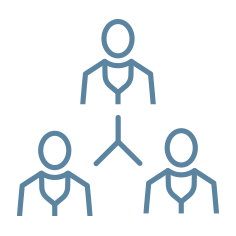 Blue outline icon of three connected people in a hierarchy or team structure