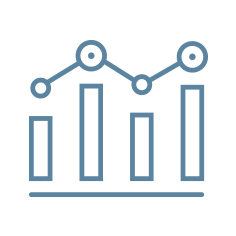 Blue line chart with four bars and a rising trend line with circular data points