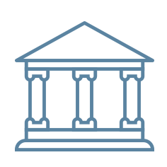 Blue outline of a classical building with columns and a triangular roof