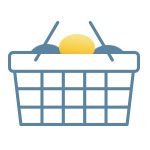 Blue shopping basket with a yellow object inside and two gray handles