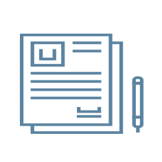 Stacked document icons with blue outlines and a pen beside them
