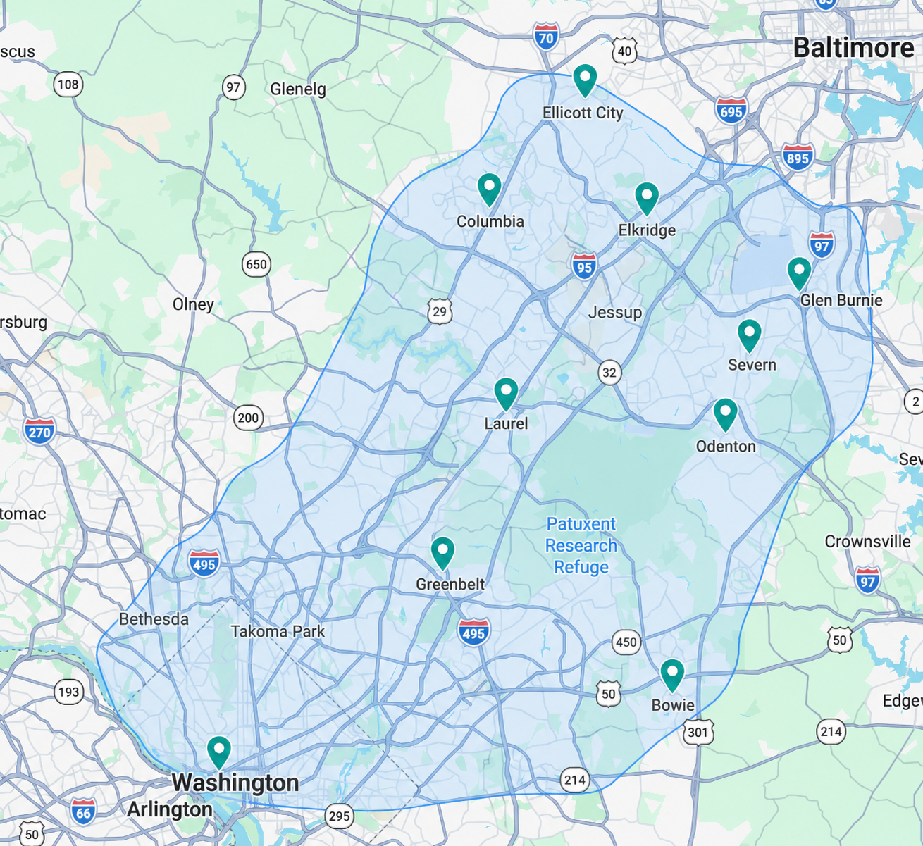 Map of the Fresh Start Maids service area covering Washington, DC and Maryland