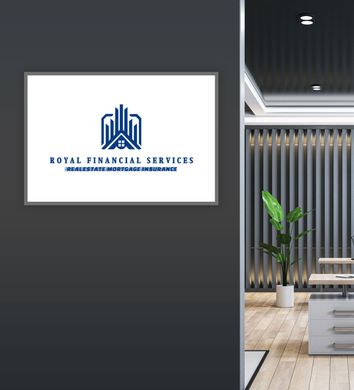 A framed logo for Royal Financial Services featuring a blue building icon, mounted on a dark grey office wall.
