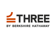 Logo for THREE by Berkshire Hathaway, featuring a stylized orange graphic of three lines next to the brand name text.