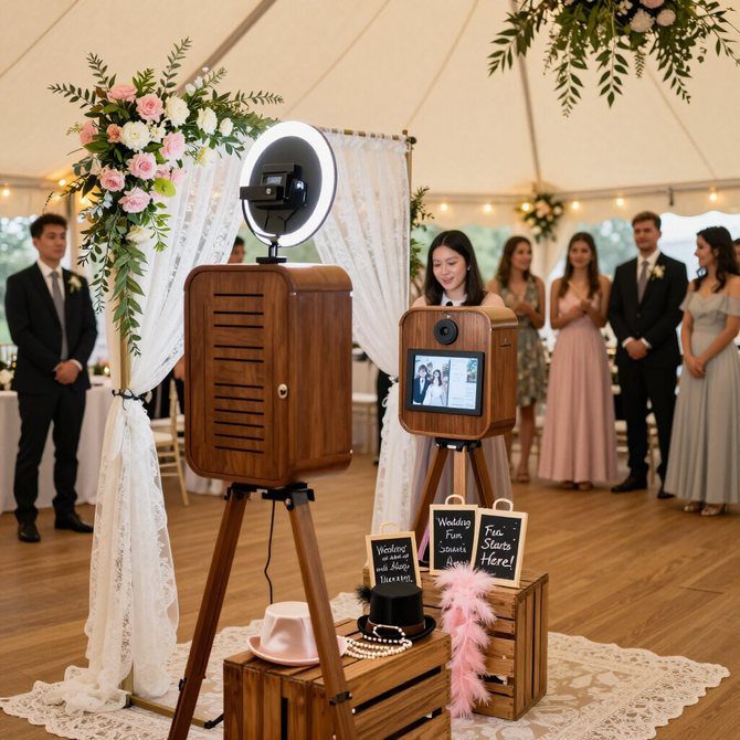 Photo booth setup at an indoor wedding reception with guests gathered nearby and floral decor.