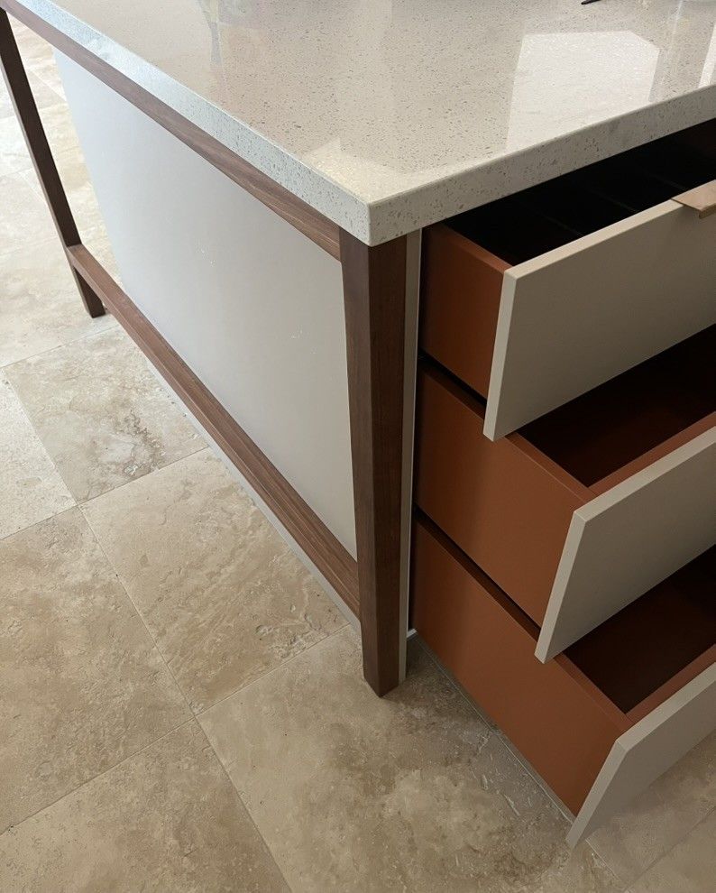 A Desk With Three Drawers Open on a Tiled Floor — D Hinged Kitchens & Joinery in Brunswick Heads, NSW