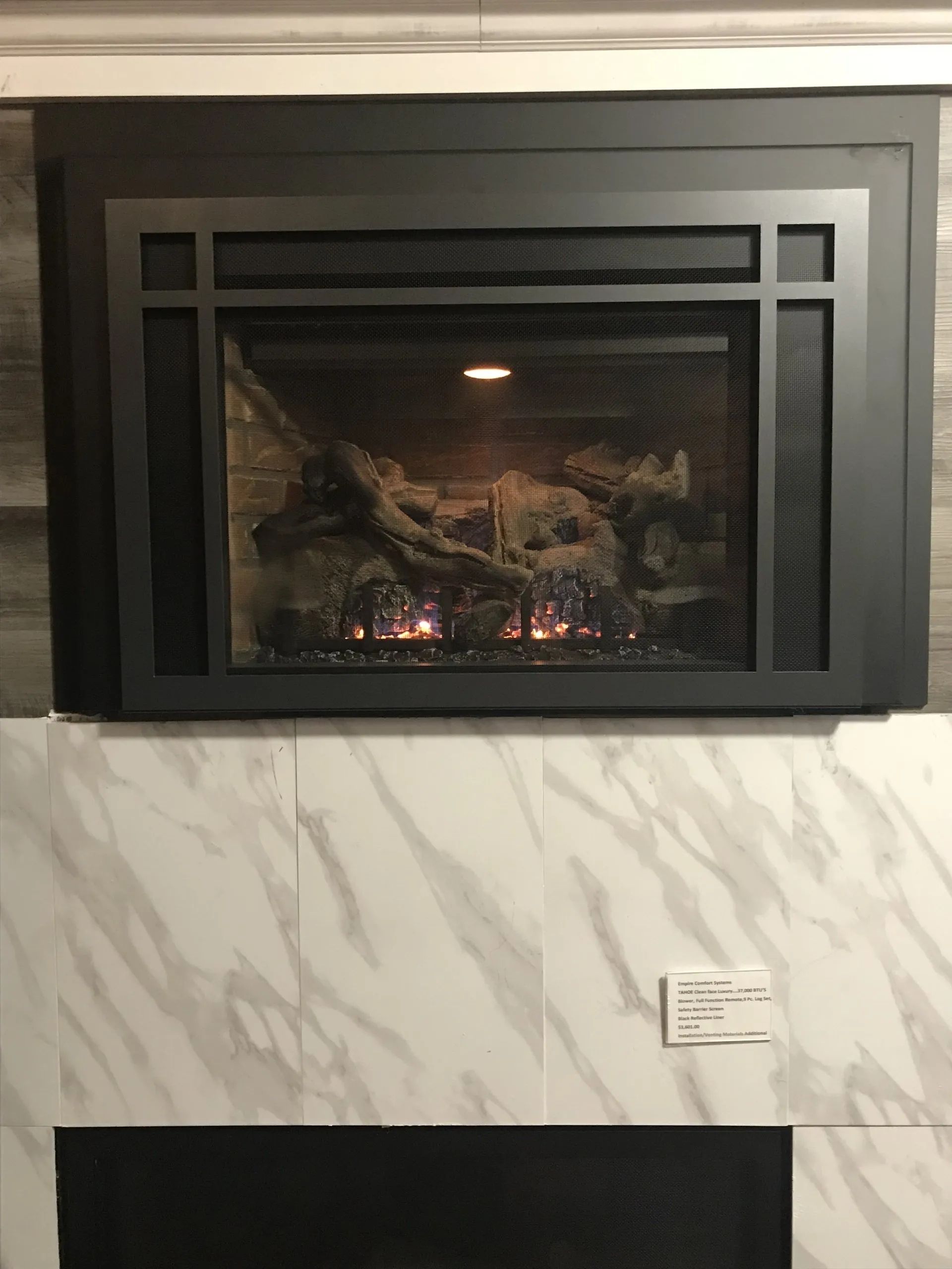 A fireplace is sitting on a marble wall in a living room.