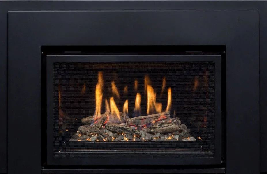 A black fireplace with flames coming out of it