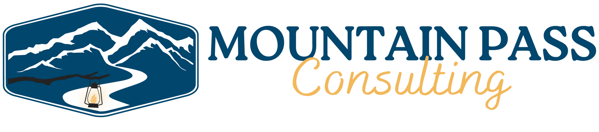 The logo for mountain pass consulting shows a mountain, a path and a stick holding a lantern.