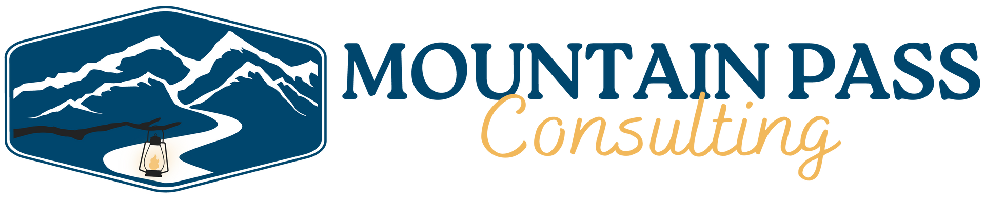The logo for mountain pass consulting showing mountains, a path and a stick holding a lamp.