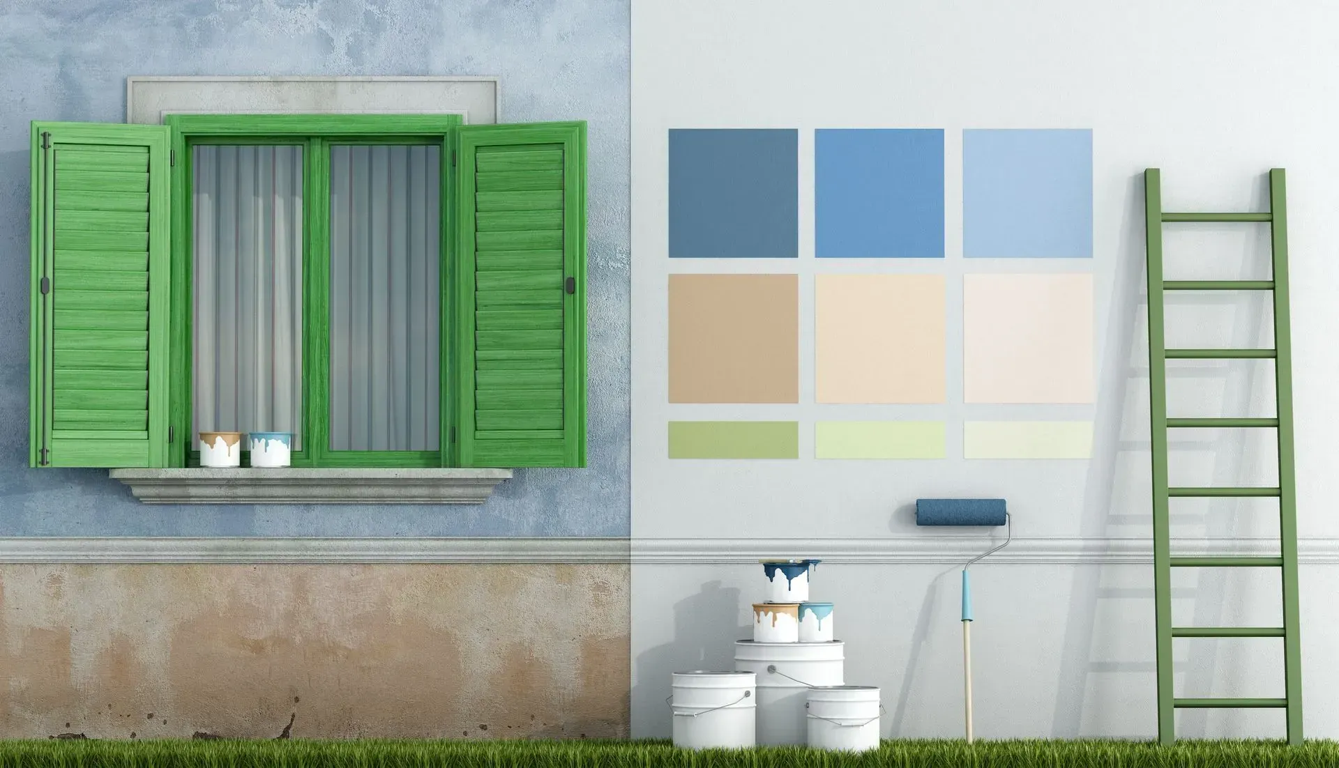 A before and after picture of a house being painted