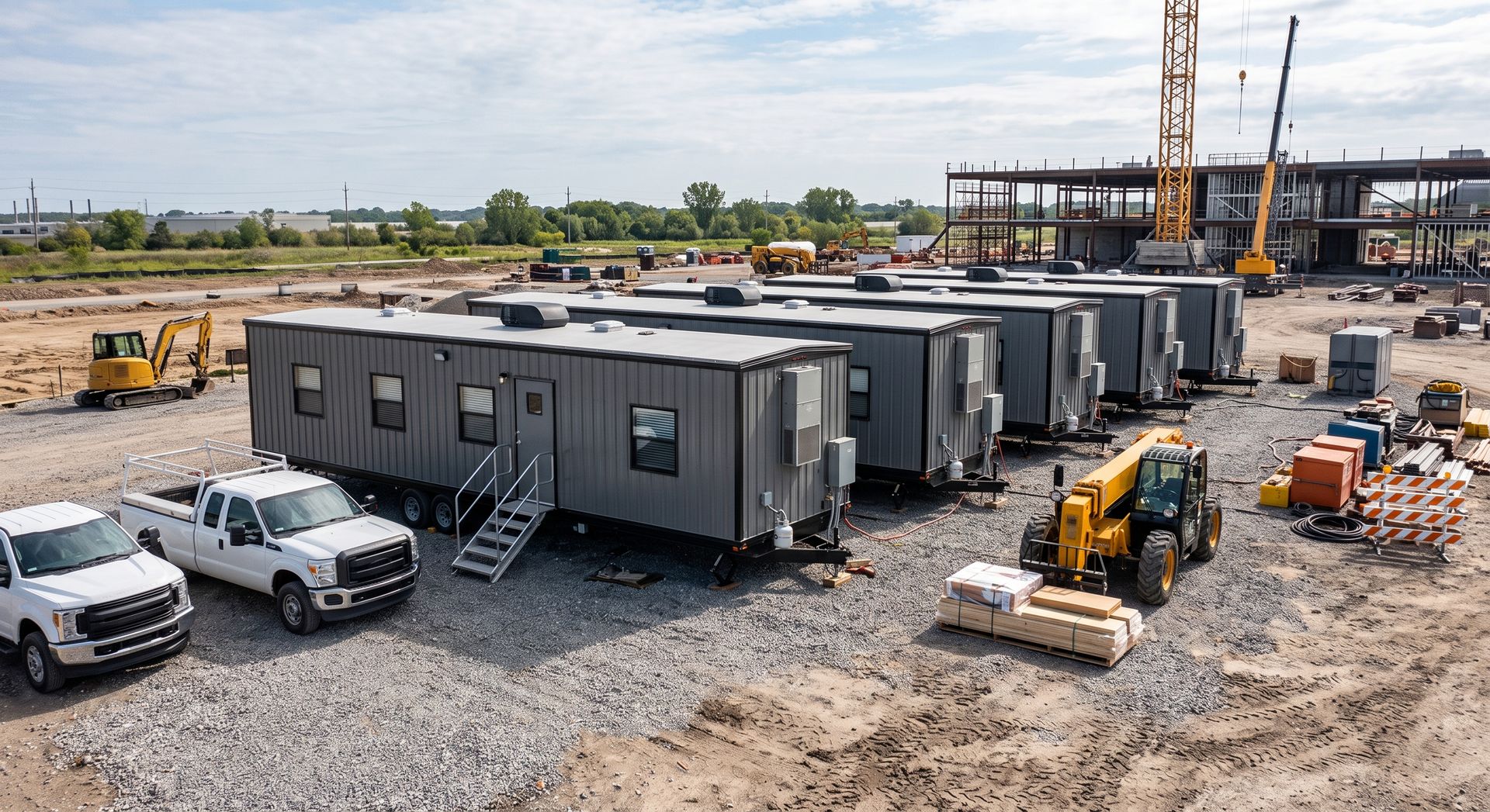 Construction site with modular gray buildings, trucks, excavator, and crane on gravel lot