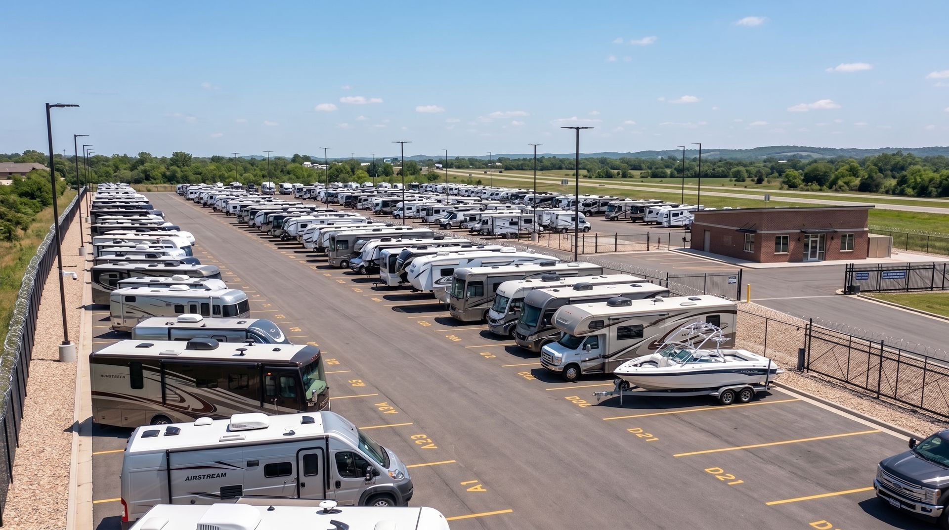 Long line of white RVs and trailers parked in rows at an outdoor lot under a clear sky.