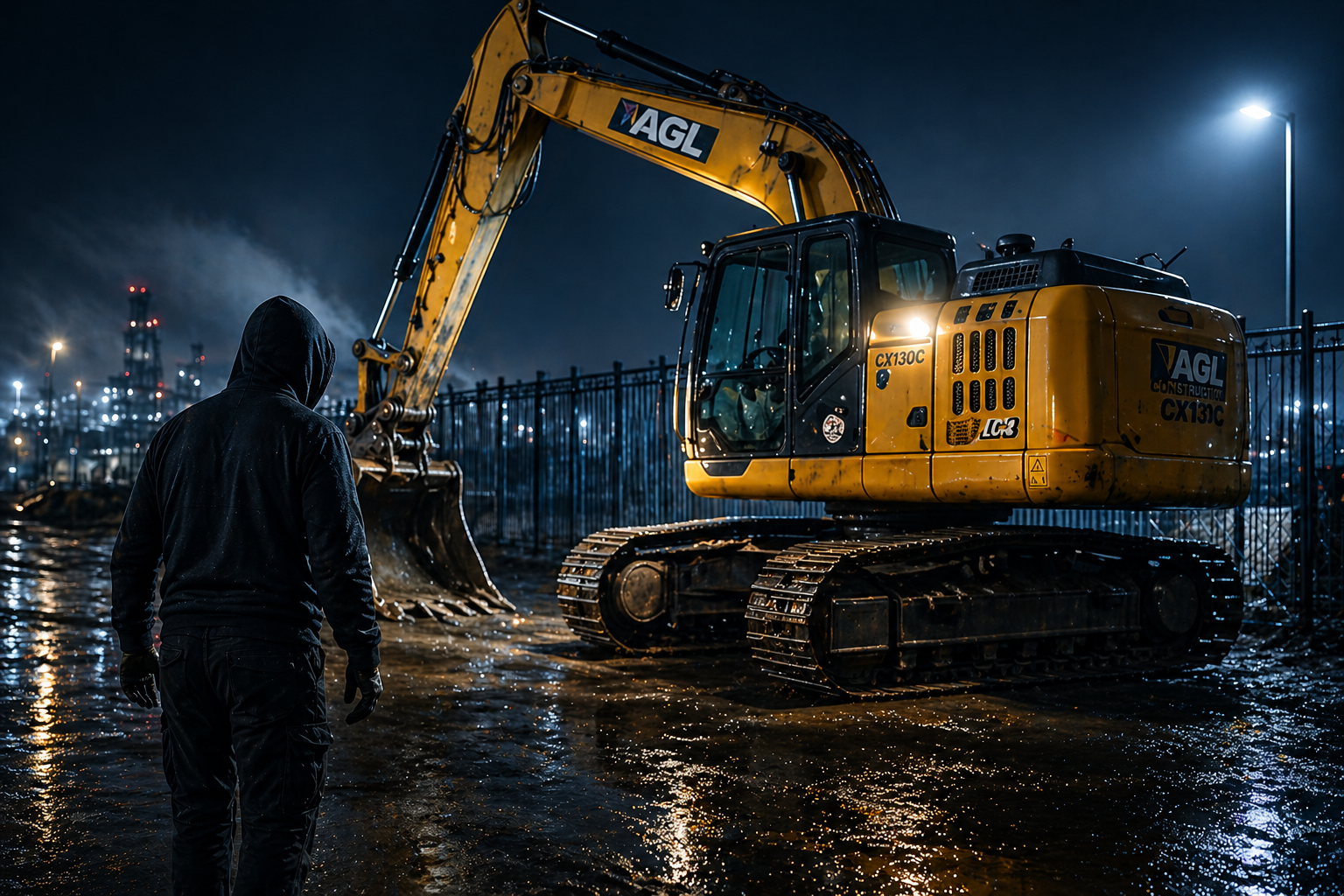 Tracked excavator on a construction site at night with AGL fleet tracking technology