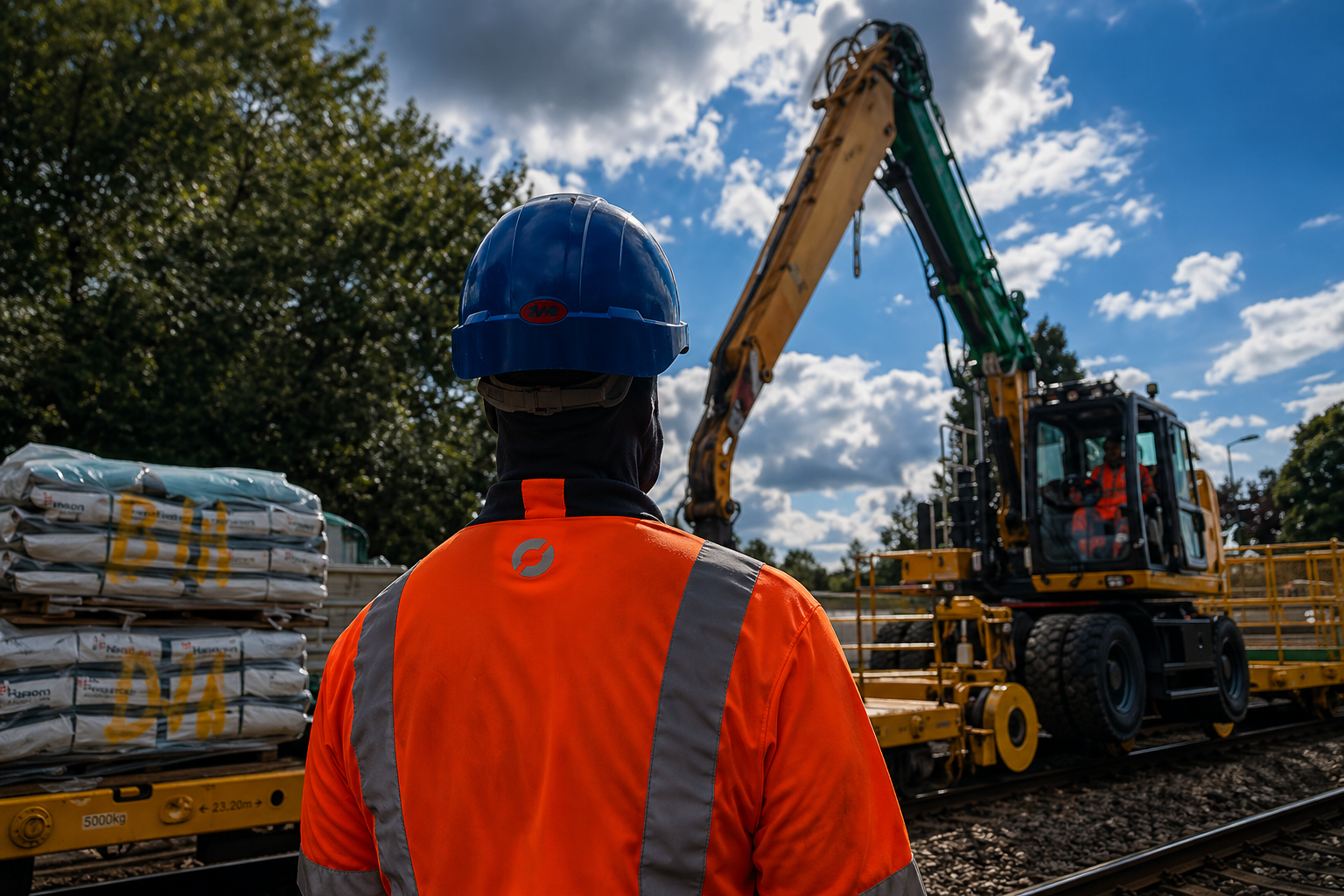 Rail engineering worker monitoring tracked construction plant equipment