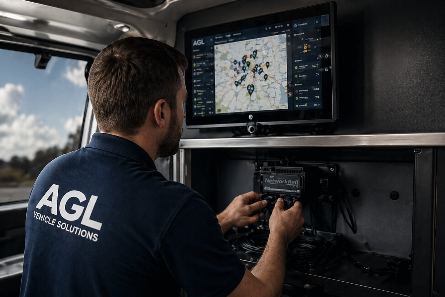 AGL Vehicle Solutions engineer installing fleet tracking and camera systems