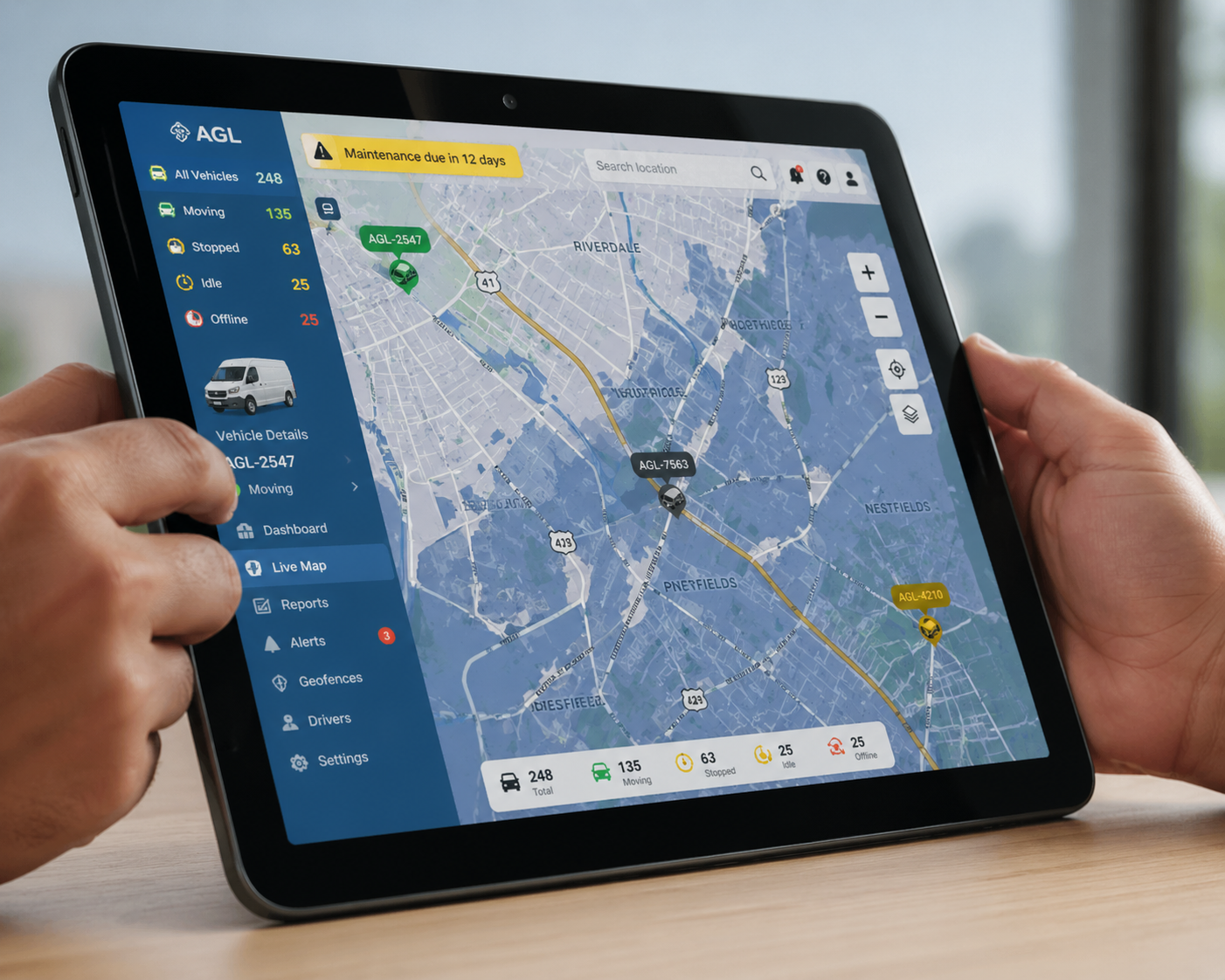 Tablet displaying live fleet tracking and GPS vehicle monitoring platform