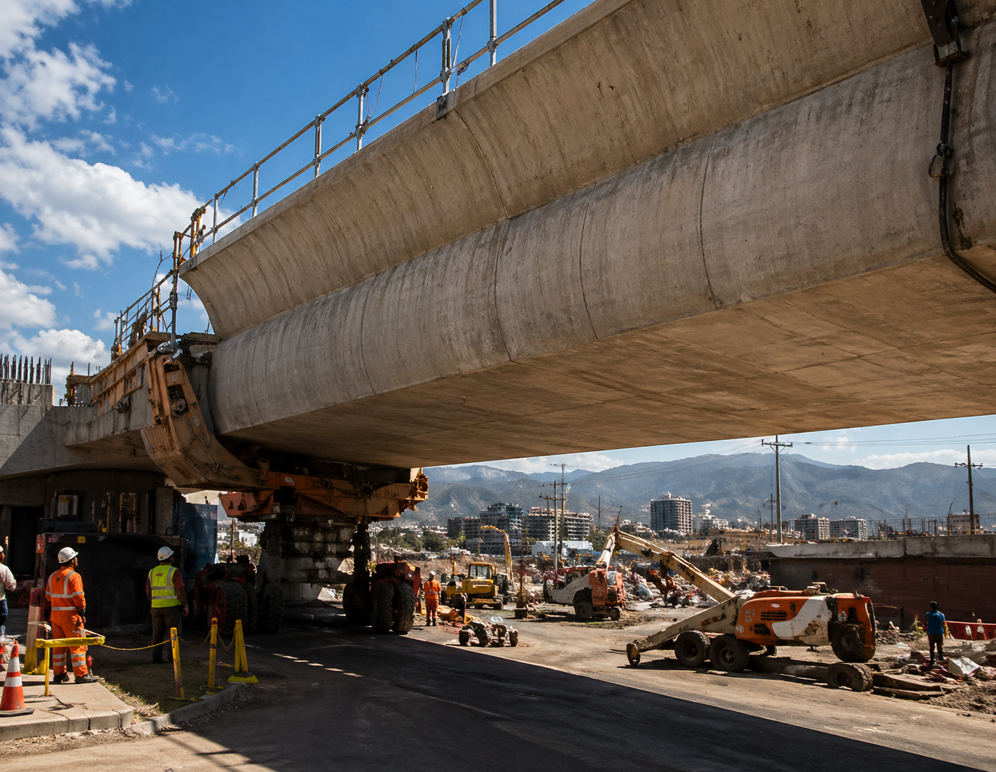 Infrastructure construction project with heavy equipment and site operations monitoring