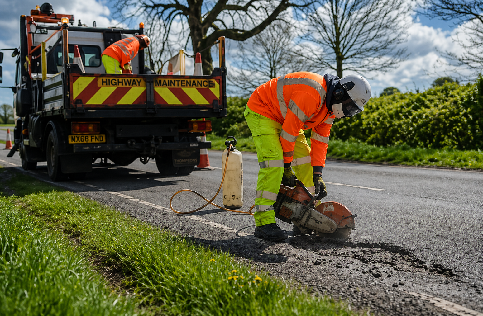 Highway maintenance worker carrying out roadside repairs with fleet support vehicle