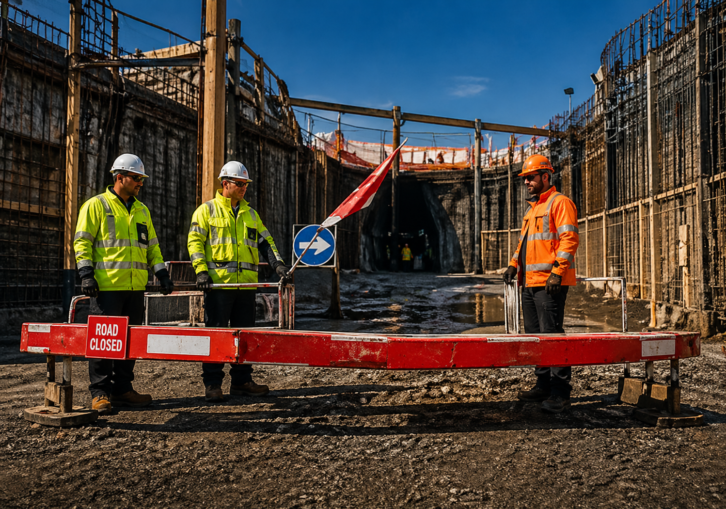 Construction and plant workers on active infrastructure project site