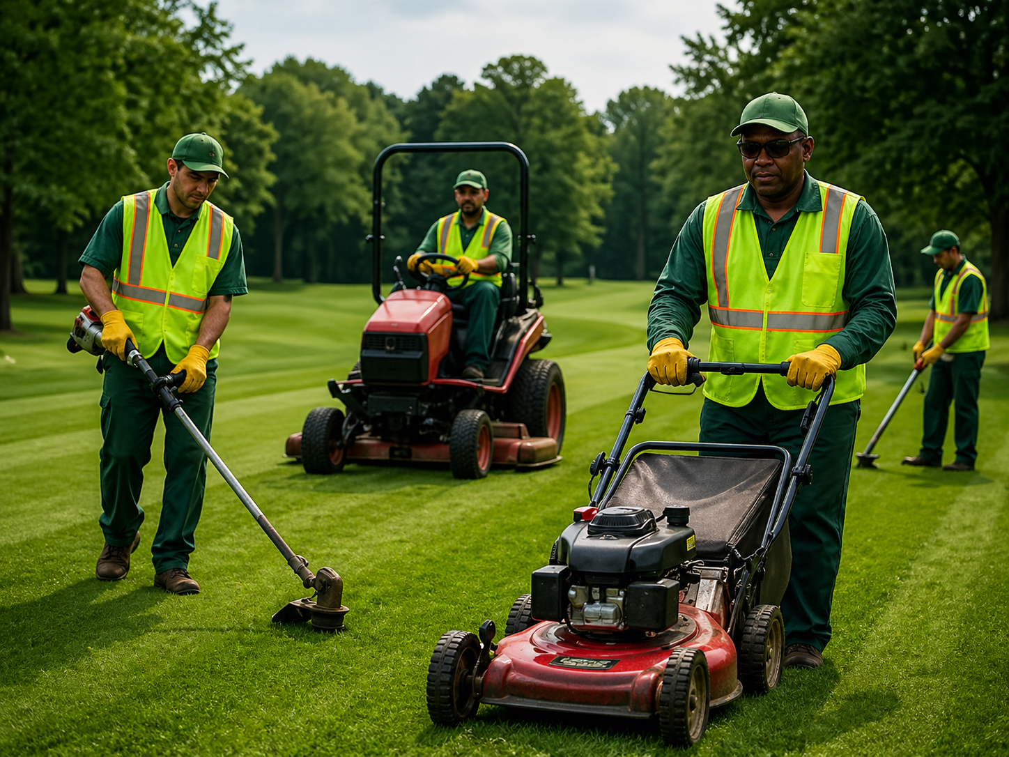 Local authority grounds maintenance team operating landscaping equipment
