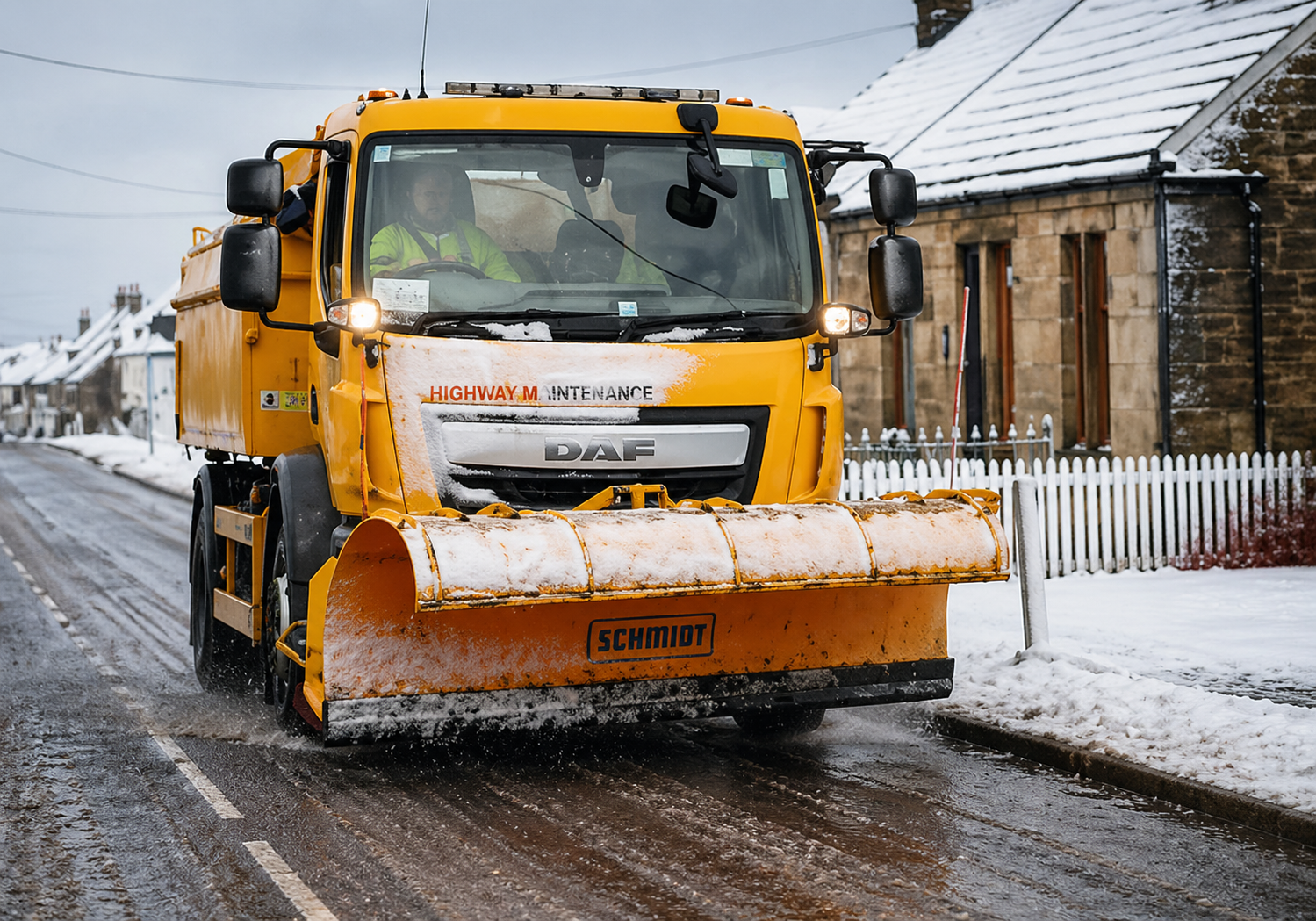 Local authority highway gritting vehicle operating in winter road conditions