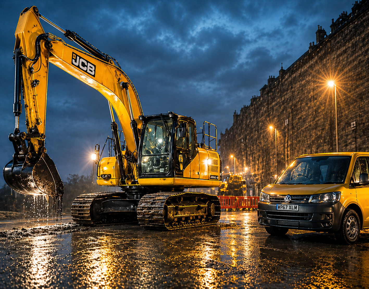 Tracked excavator operating at night with construction fleet monitoring technology