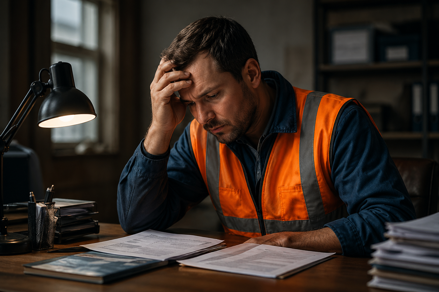 Construction manager reviewing paperwork and fleet compliance documents