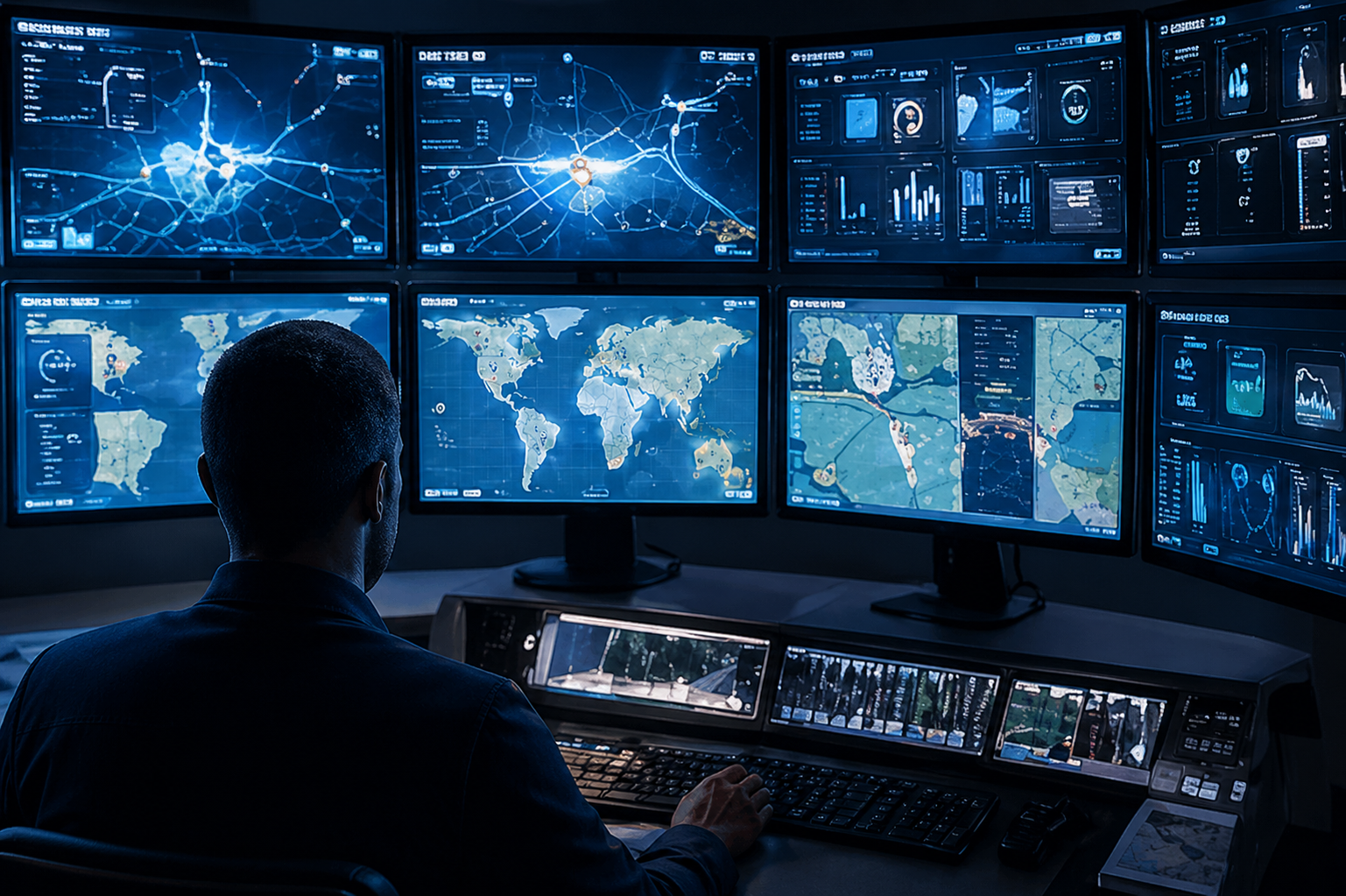 Utilities fleet monitoring control room with live telematics and camera systems