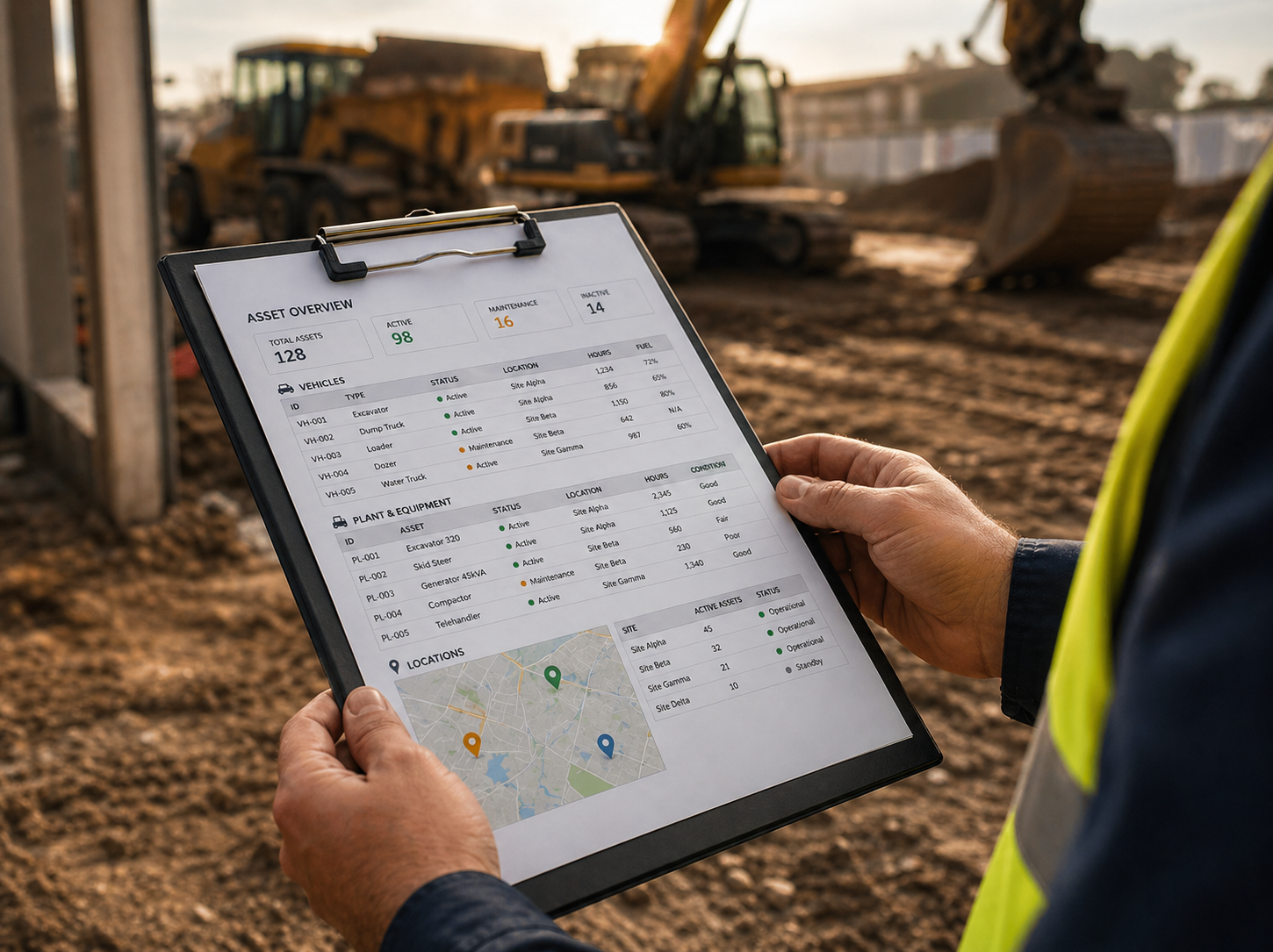 Engineer using tablet for fleet tracking and construction equipment management