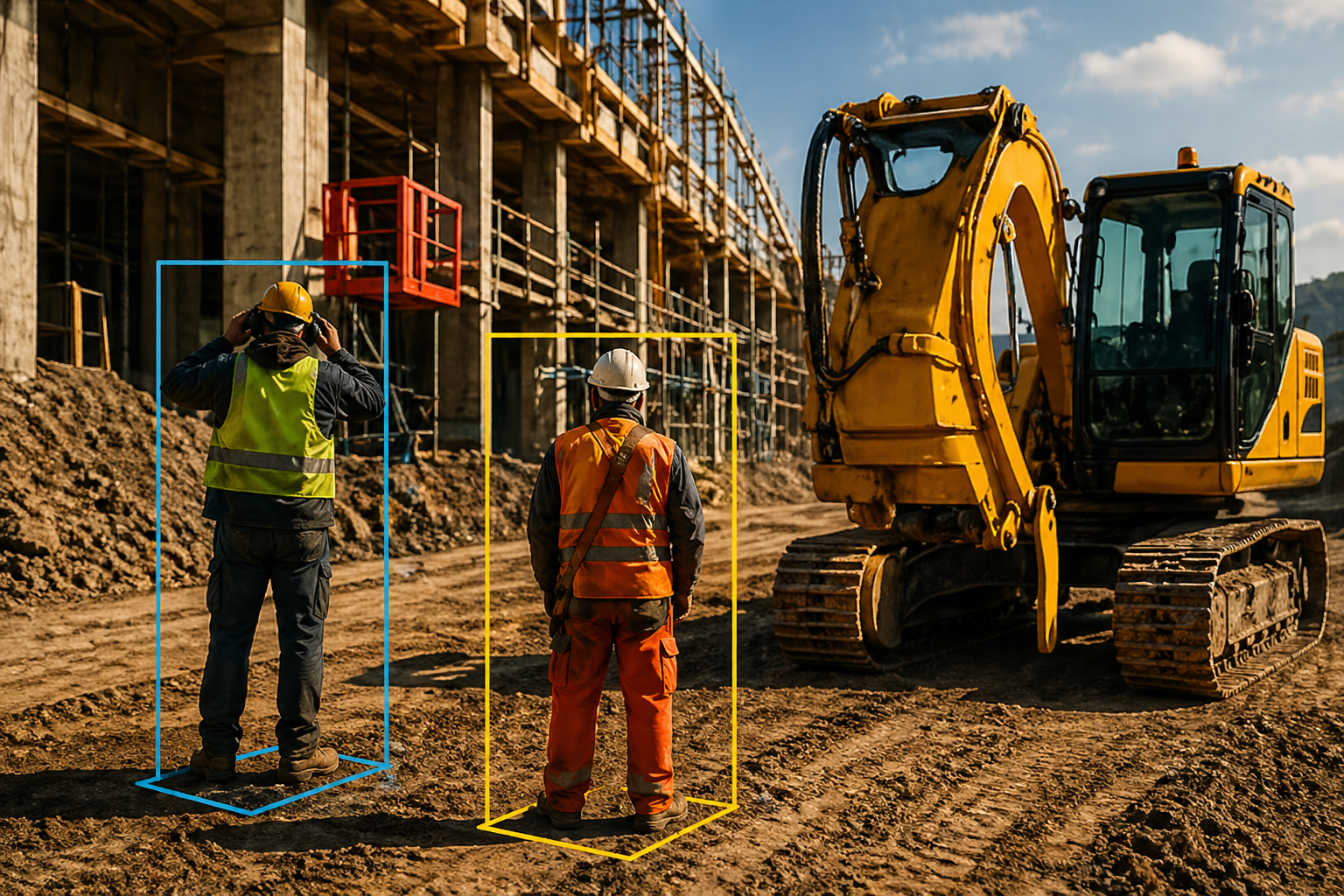 AI safety camera detecting workers and construction vehicles on active job site