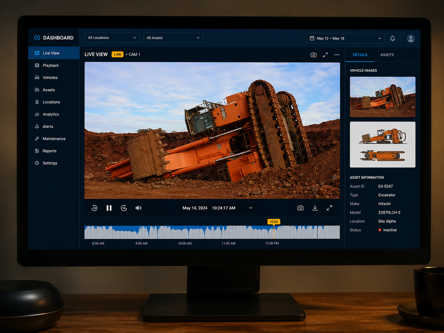 Fleet camera footage and construction equipment monitoring dashboard