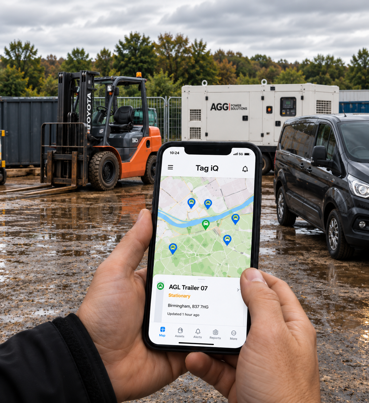 Tag iQ asset tracking mobile app showing asset locations across a commercial fleet
