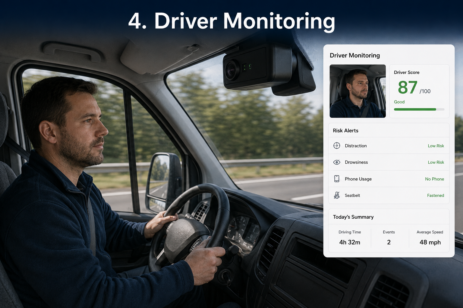 Driver monitoring system with AI in-cab camera and fleet safety technology