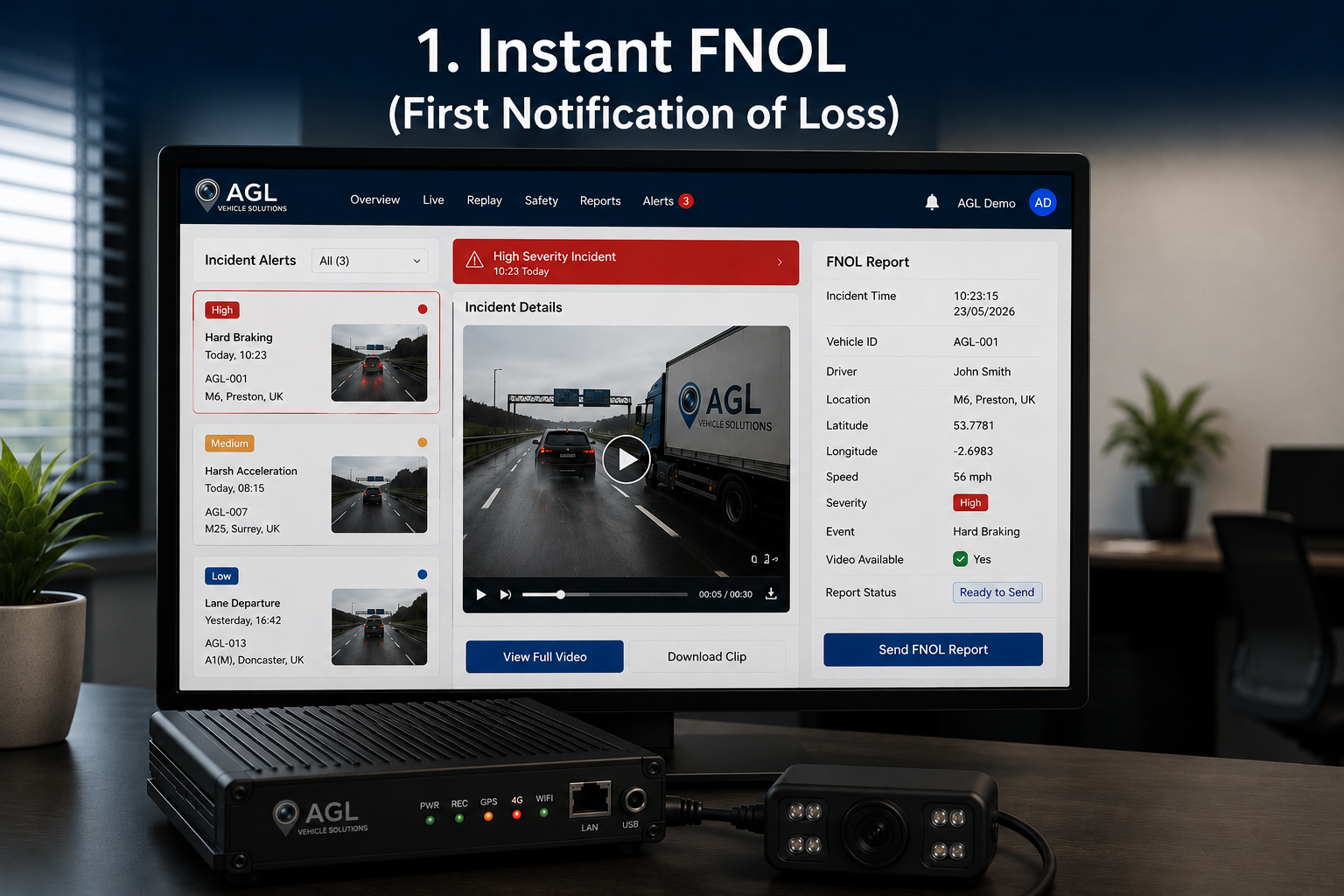 Instant FNOL fleet dashcam system with real-time incident reporting and telematics