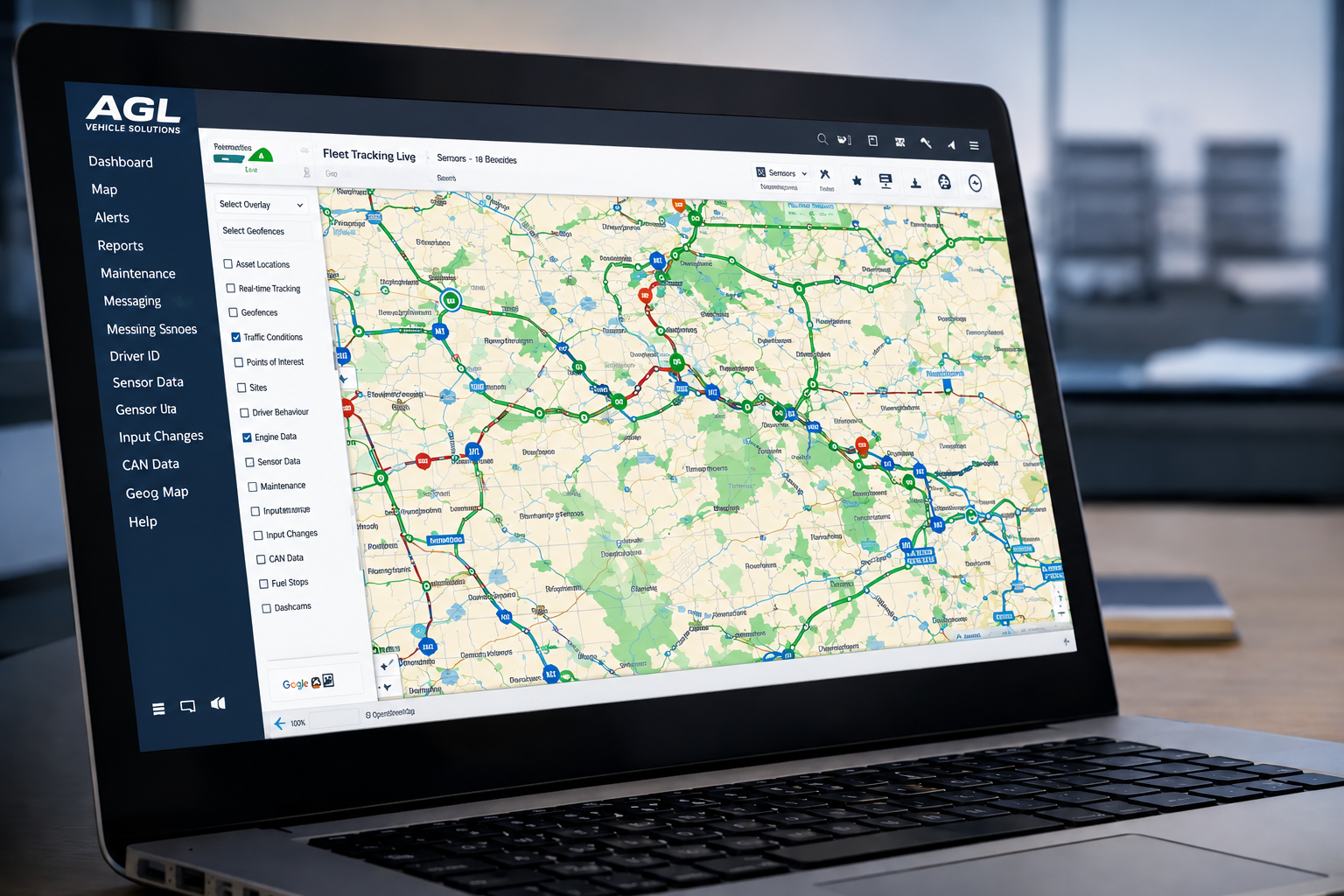 Fleet tracking dashboard showing real-time GPS vehicle monitoring and telematics data