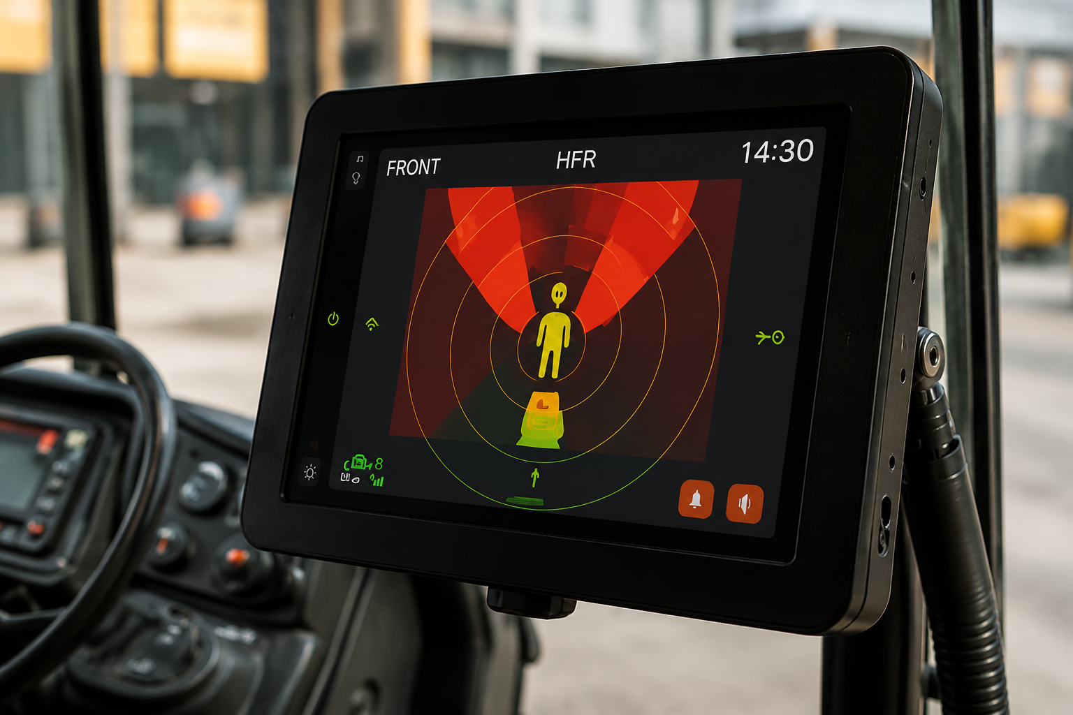 HFR in-cab monitor displaying pedestrian detection and driver warning zones
