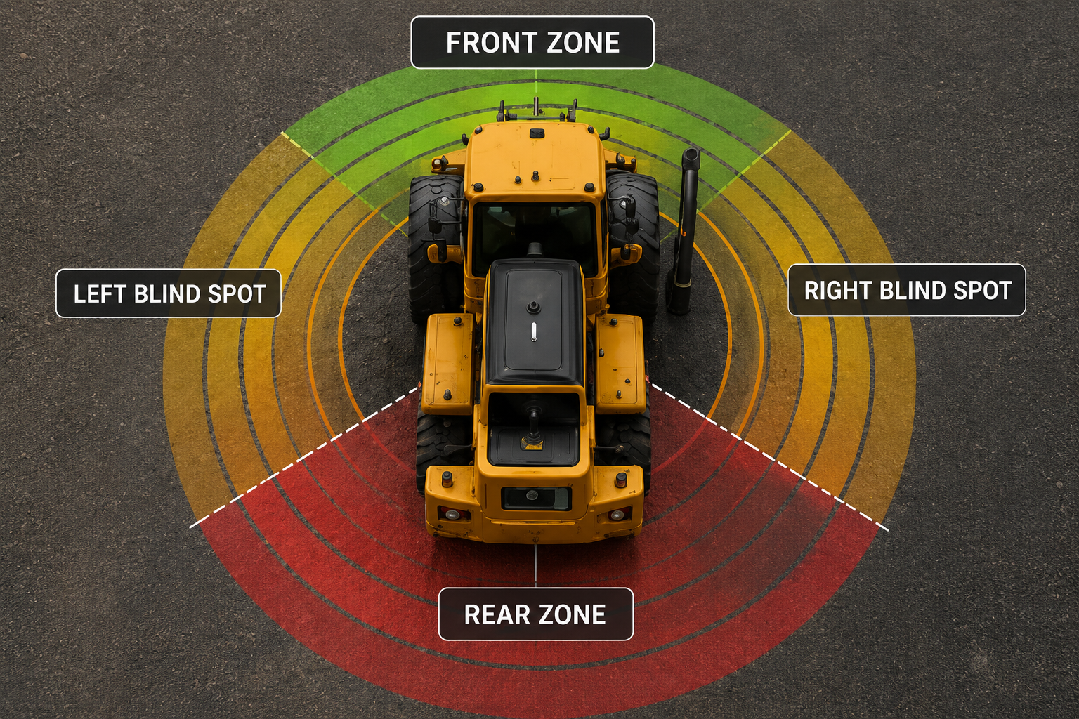 Overhead HFR detection zones showing front side blind spots and rear risk areas