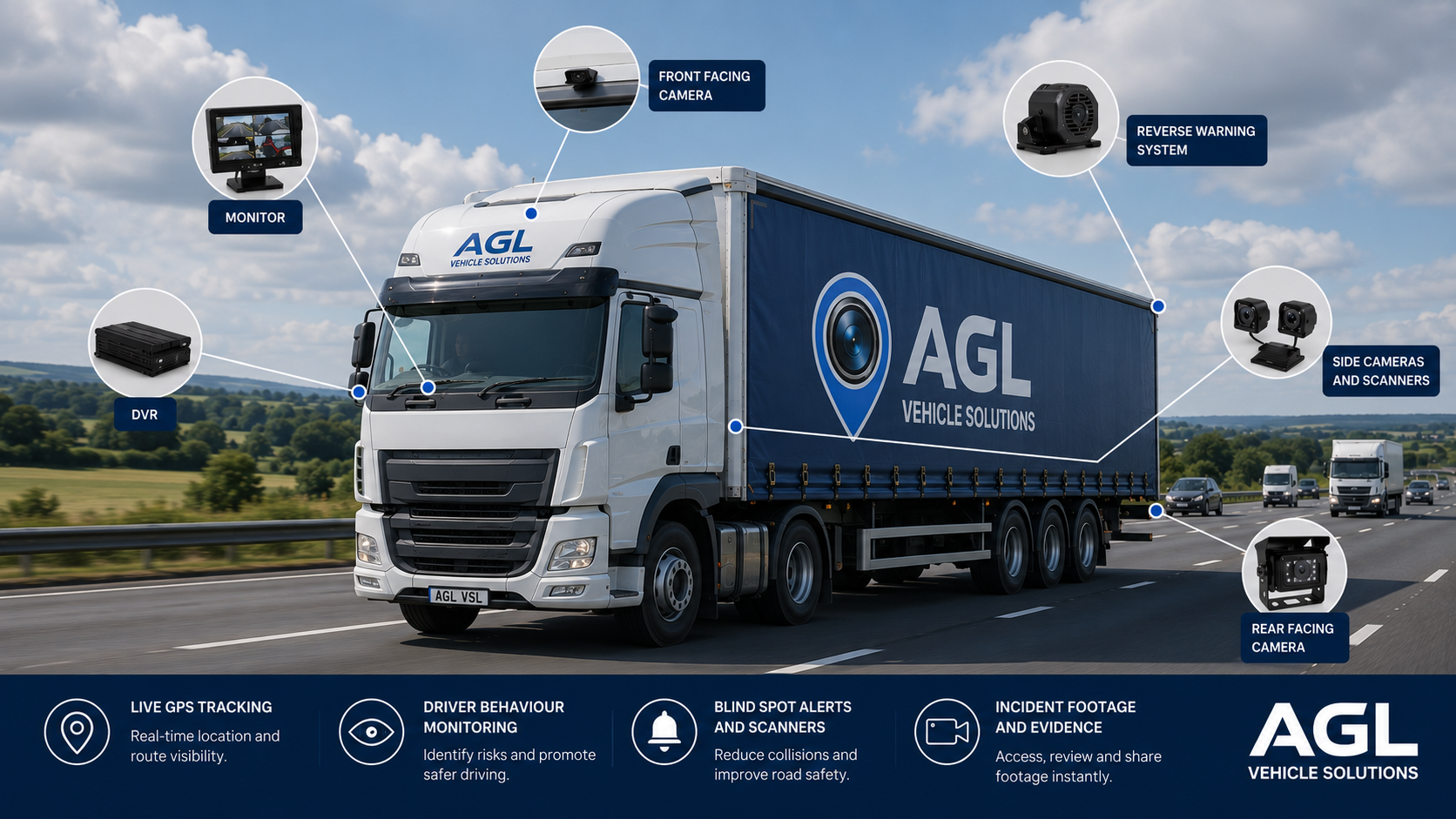 Commercial vehicle camera layout with blind spot monitoring and fleet safety sensors
